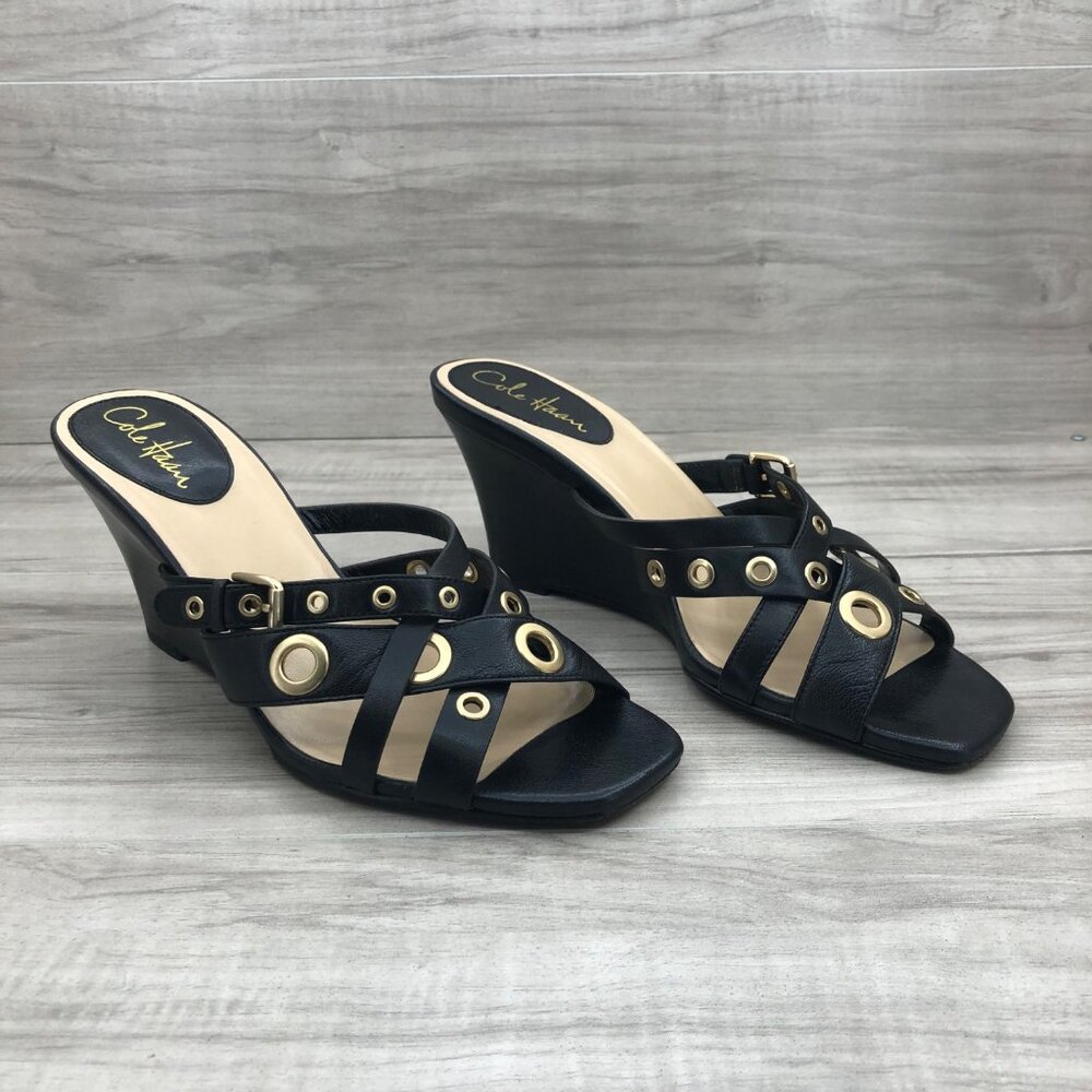 Cole Haan Wedge Sandals Womens 9B Whitney Black Leather Slip On Shoes